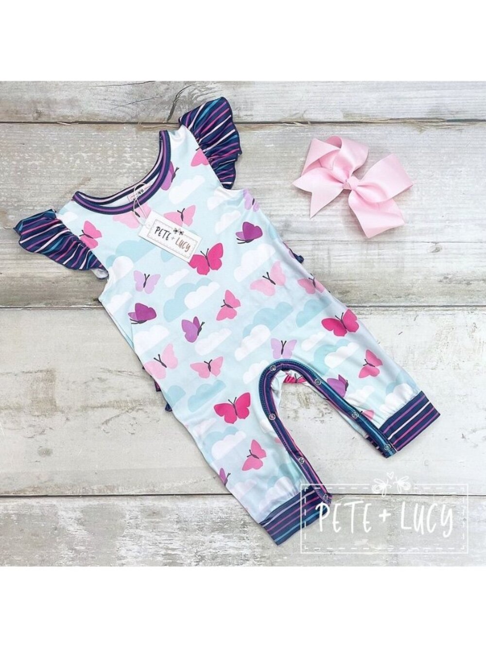 Pete + Lucy Romper 6-9 m Come Fly With Me Butterfly Short Sleeve Girls Baby NEW